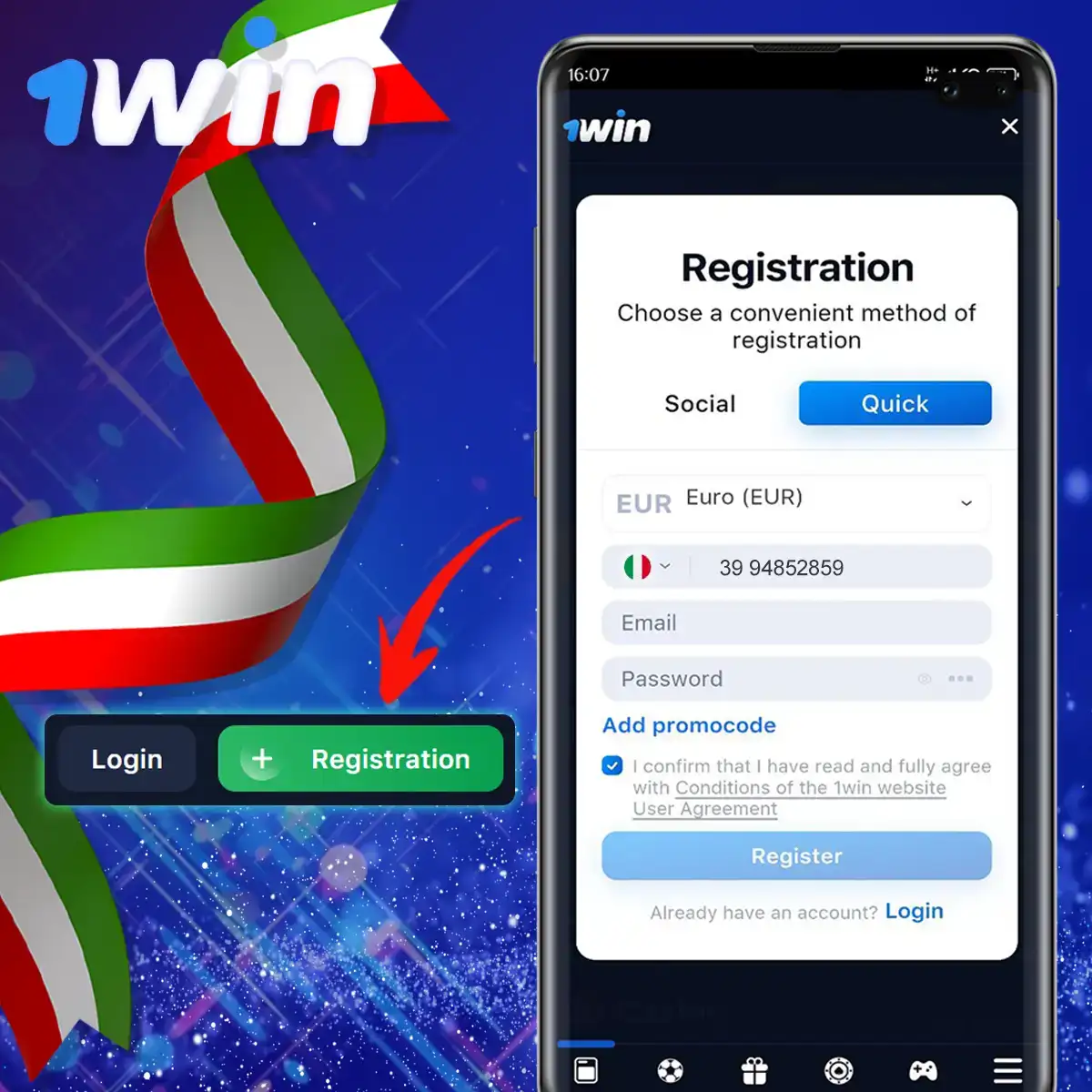 How to register in the 1Win application